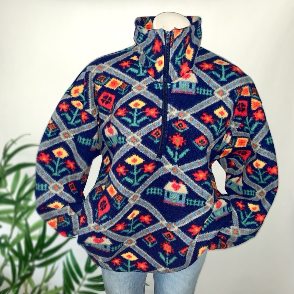 v i n t a g e :: Slouchy Cozy Whimsy Country Floral Fleece Sweater Pullover - Picture 4 of 10